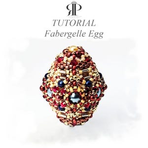 May include: A beaded Faberge egg tutorial. The egg is covered in red, gold, and blue beads. The egg is diamond-shaped and has a pearl on top. The text "TUTORIAL Faberge Egg" is at the top of the image.