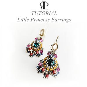 May include: Close-up of two beaded earrings. The earrings are teardrop-shaped with a silver-colored hook and a cluster of colorful beads in shades of red, blue, yellow, and purple. The text "TUTORIAL Little Princess Earrings" is at the top.