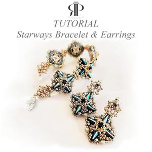 May include: A beaded bracelet and a pair of matching earrings featuring a star-shaped design with metallic blue, gold, and black beads. The text TUTORIAL Starways Bracelet & Earrings is displayed above the jewelry pieces on a white background.