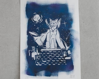 Superhero Cat in Moonlight - Limited Screen Prints