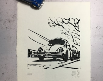 VW Beetle in California - original linocut