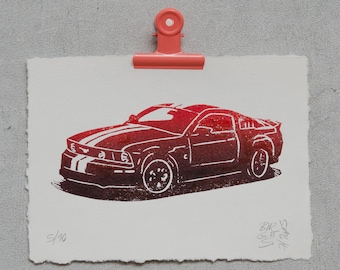 Ford Mustang in red or blue – original linocut print with color gradient
