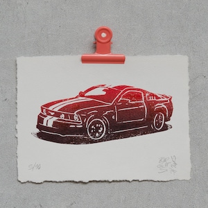 Ford Mustang in red or blue original linoleum print with gradient Red