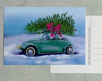 Driving beetle Christmas postcard with Christmas tree