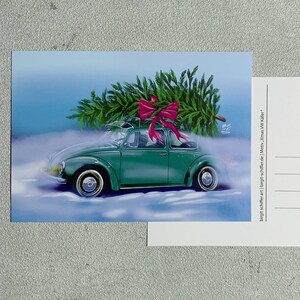 Fahrender Käfer Weihnachts-Postkarte mit Weihnachtsbaum