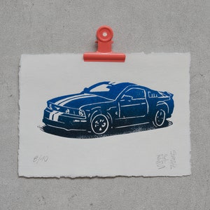 Ford Mustang in red or blue original linoleum print with gradient image 2