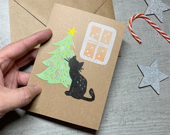 Cat with Christmas tree and window! – limited hand-printed Christmas card with envelope