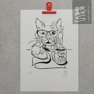 The Cat Boss – Original Linocut Print | Limited #stayhome