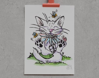 Spring Cat with Flower – limited linoleic print with watercolor