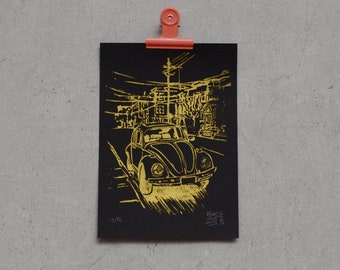 Car in San Francisco, California – Original GOLD linoleum print on black paper