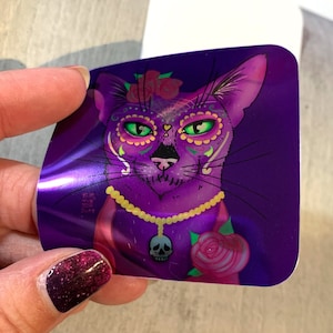 Silver Halloween Sticker – La Catrina Cat, Purple