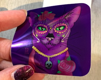 Silver Halloween Sticker – La Catrina Cat, Purple