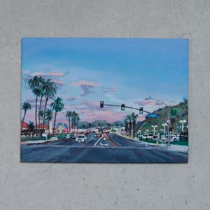 Street with sunset, Palm Springs, California - original, unique, acrylic on painting board