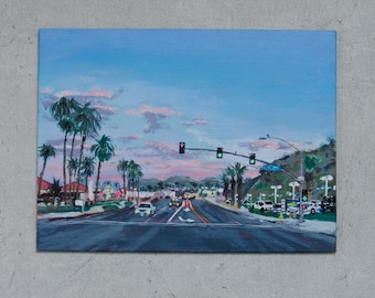 Street with sunset, Palm Springs, California - original, unique, acrylic on painting board