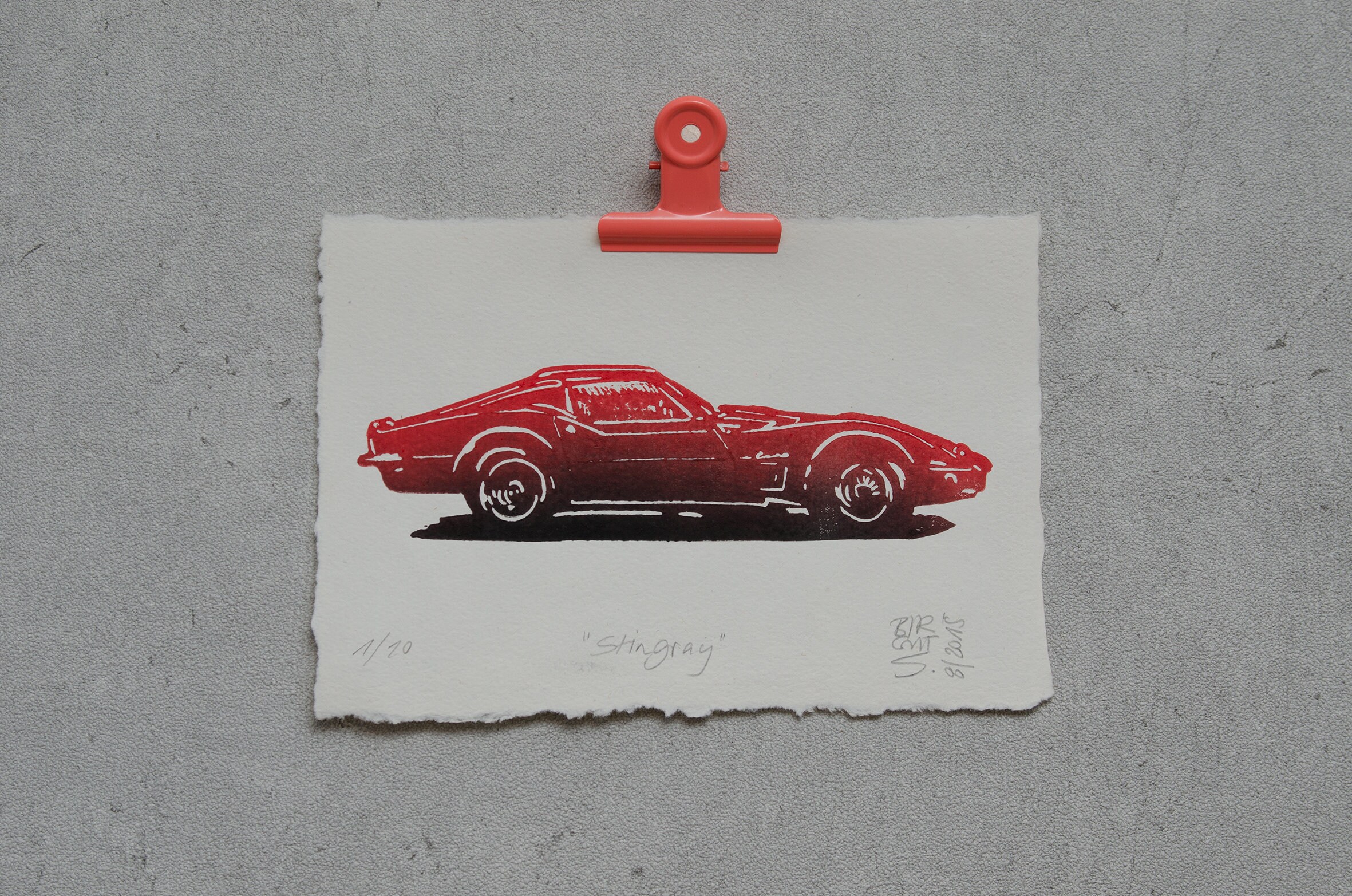 Corvette Stingray in Red or Blue – Original Linocut Print