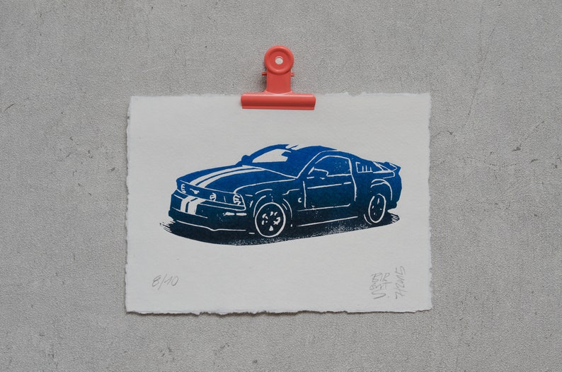 Ford Mustang in red or blue original linoleum print with gradient Blue