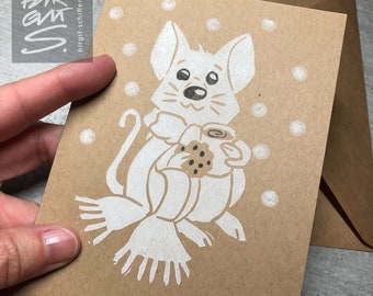 Christmas mouse with tea and biscuit in the snow! – limited hand-printed Christmas card with envelope