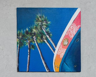 Palm trees on the boardwalk, Santa Cruz, CA - original, unique, acrylic on painting board
