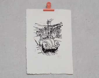 Car in San Francisco, California – Original linoleum print