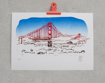Golden Gate Bridge, California, three variants – Original linoleic print | limited