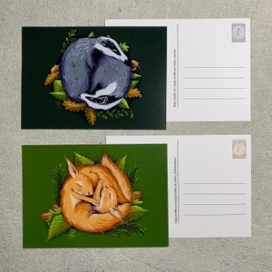 Herbst Postkarten – Schlafende Dachse und Eichhörnchen