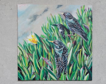 Starlings, birds in Santa Cruz, CA - original, unique, acrylic on painting board