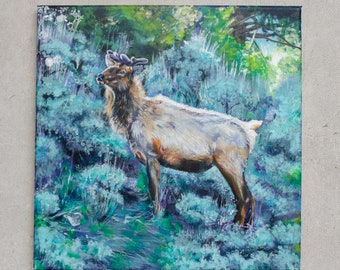 Wapiti deer in Yellowstone National Park - original, unique, acrylic on canvas