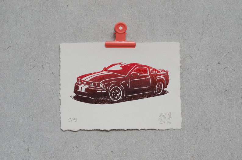 Ford Mustang in red or blue original linoleum print with gradient image 1