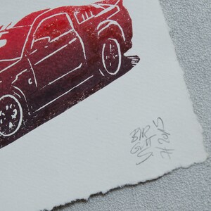 Ford Mustang in red or blue original linoleum print with gradient image 3