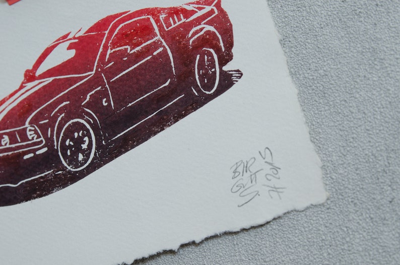 Ford Mustang in red or blue original linoleum print with gradient image 3