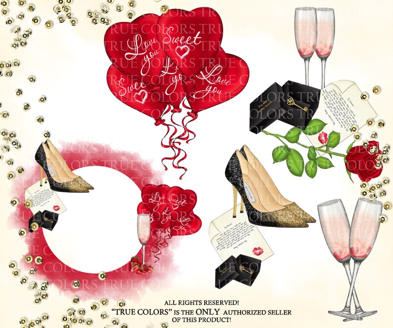Valentine/'s Day Clip Art Red Dress Girl Fashion Illustration Planner Stickers Supplies Watercolor High Heels Key Rose Champagne Sticker DIY
