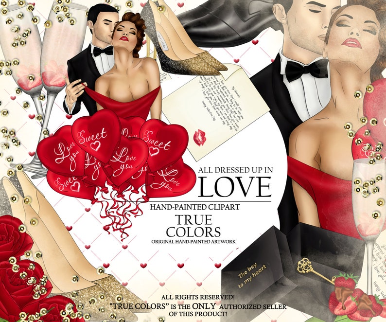 Valentine/'s Day Clip Art Red Dress Girl Fashion Illustration Planner Stickers Supplies Watercolor High Heels Key Rose Champagne Sticker DIY