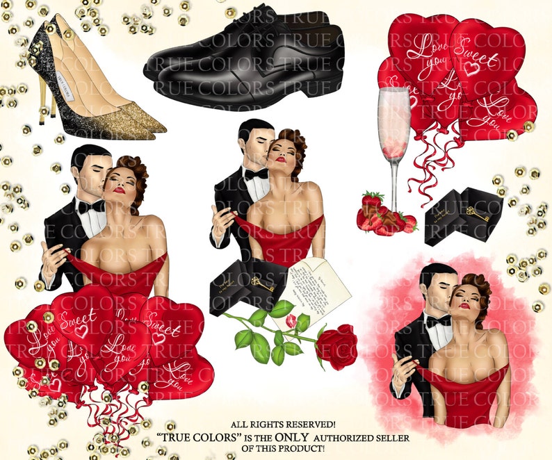 Valentine/'s Day Clip Art Red Dress Girl Fashion Illustration Planner Stickers Supplies Watercolor High Heels Key Rose Champagne Sticker DIY