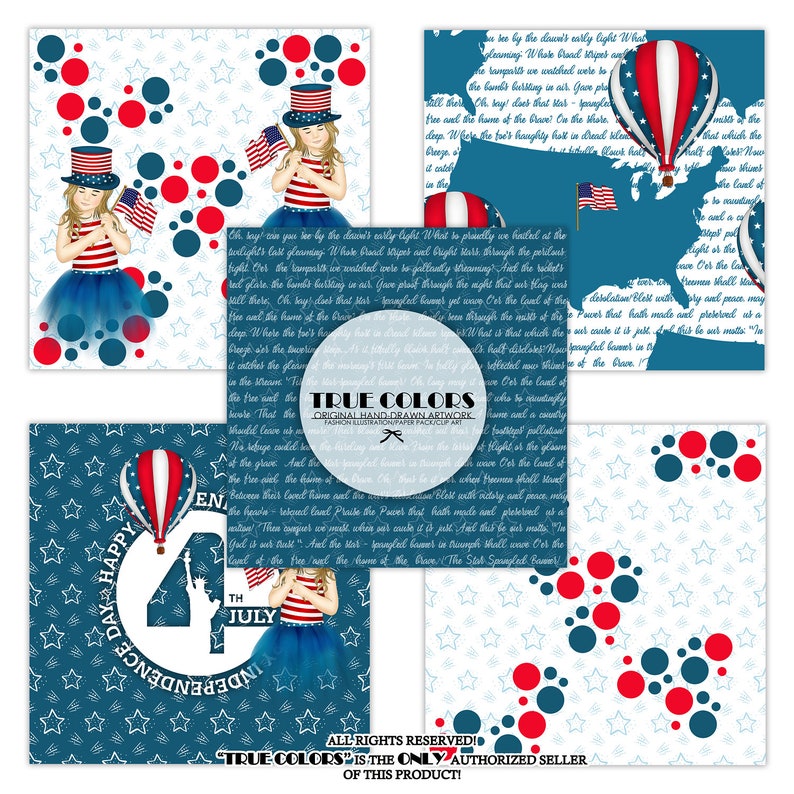 Independence Day Paper Pack Fashion Illustration Planner Sticker Supplies Seamless Navy Blue Red Watercolor Background Girl American Flag image 3