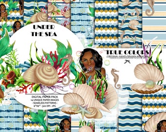 African American Mermaid Digital Paper Black Beautiful Woman Paper Pack Under the Sea Afro American Mermaid Digital Paper Green Watercolor