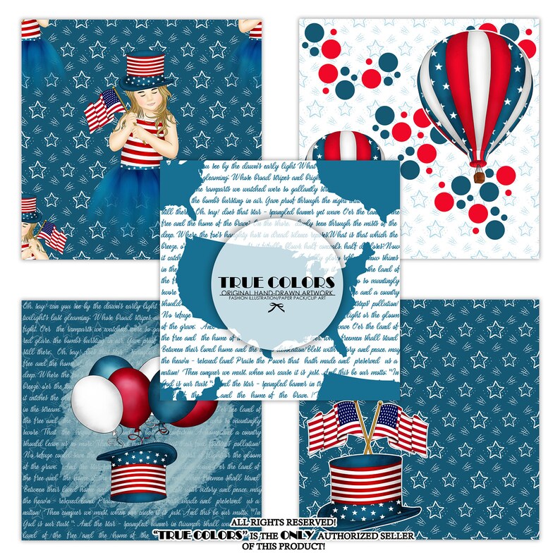 Independence Day Paper Pack Fashion Illustration Planner Sticker Supplies Seamless Navy Blue Red Watercolor Background Girl American Flag image 2