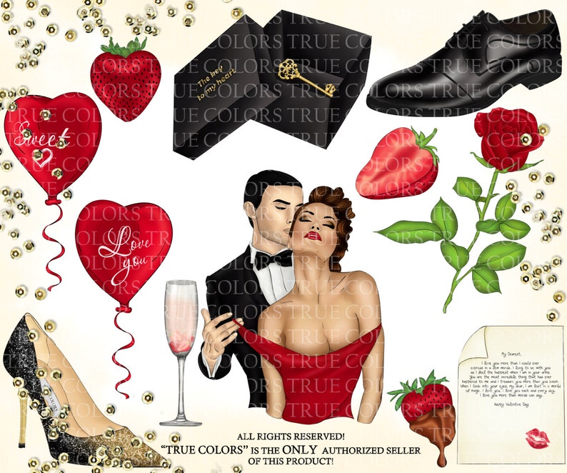 Valentine/'s Day Clip Art Red Dress Girl Fashion Illustration Planner Stickers Supplies Watercolor High Heels Key Rose Champagne Sticker DIY