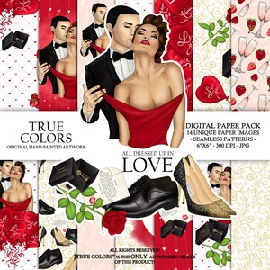 Valentines Day Couple Love Digital Paper Red Dress Girl Fashion Illustration Planner Stickers Supplies Seamless Watercolor Red Background image 1