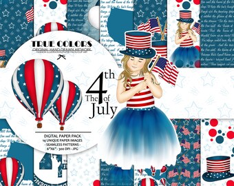 Independence Day Paper Pack Fashion Illustration Planner Sticker Supplies Seamless Navy Blue Red Watercolor Background Girl American Flag