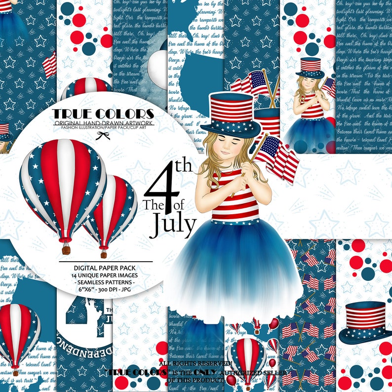 Independence Day Paper Pack Fashion Illustration Planner Sticker Supplies Seamless Navy Blue Red Watercolor Background Girl American Flag image 1