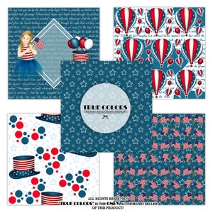 Independence Day Paper Pack Fashion Illustration Planner Sticker Supplies Seamless Navy Blue Red Watercolor Background Girl American Flag image 4