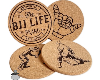 Brazilian Jiu Jitsu Coaster Set, BJJ Gift Idea, Gift For Professor, Engraved Cork