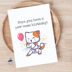 Karate Birthday Greeting Card,  Martial Arts Cute Kitty Cat Greeting Card, Brazilian Jiu Jitsu, Tae Kwon Do, Judo