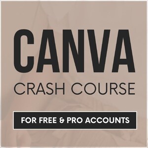 Puede incluir: La imagen muestra la palabra "CANVA" en letras negras grandes y en negrita sobre "CRASH COURSE" en una fuente más pequeña. Un rectángulo negro en la parte inferior dice "FOR FREE & PRO ACCOUNTS". El fondo es borroso y de color neutro.