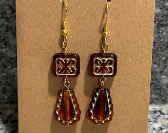 Handmade Hypoallergenic Square Brown & Gold Dangling Earrings