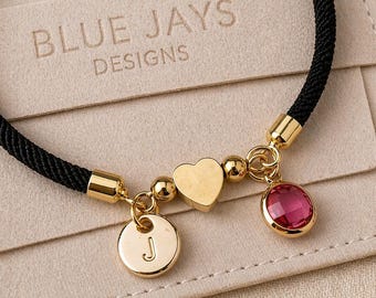 Personalised Black Bracelet, Initial Birthstone Bracelet, Heart Charm Bracelet, Dainty Everyday Jewellery, Gift for Her, Minimalist Bracelet
