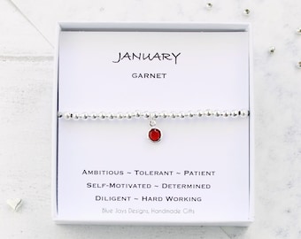 January Garnet Silver Birthstone Bracelet, Personalised Gift Initial Jewellery, Gift for Capricorn, Christmas Gift Ideas for Women