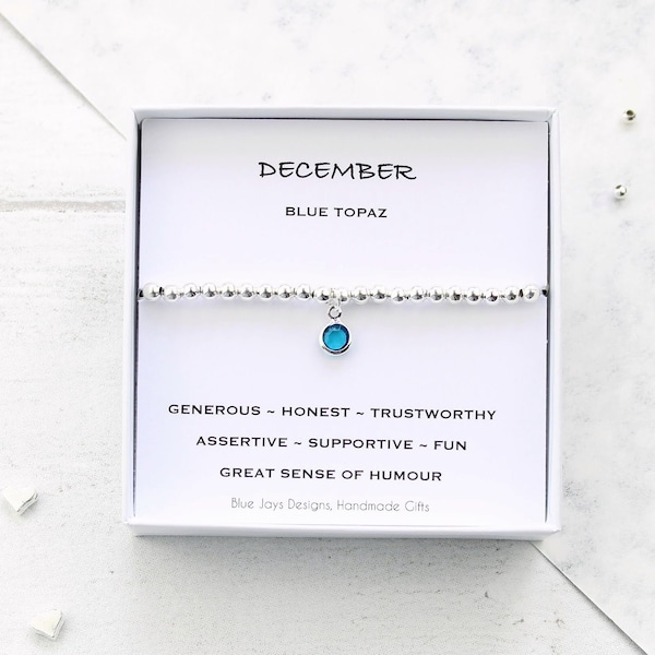 December Birthstone Beaded Bracelet, Blue Topaz, Gift for Women, Christmas Gift Idea, Zodiac Birthday, Astrology Gift