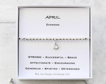 Dainty April Birthstone Bracelet, Personalized Jewelry, Christmas Gifts for Kids, 16th Birthday Girl Gift, Aries Star Sign Jewellery