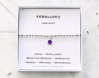 February Amethyst Birthstone and Initial Bracelet, Gift for Women, Aquarius Gift Ideas, Christmas Gifts, Childrens Jewellery